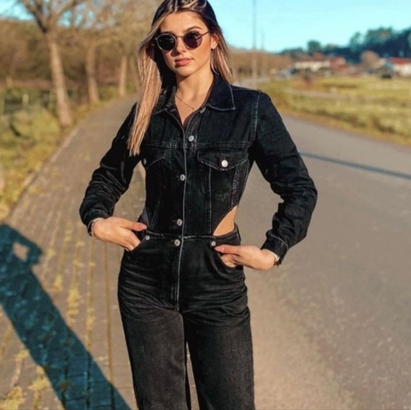 ZARA Black Denim Side Cutout Jumpsuit - Size XS - Picture 4 of 9
